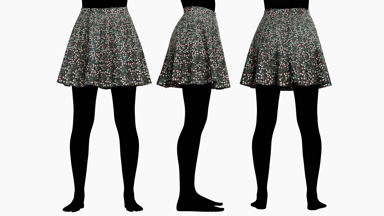 Front, side, and rear view of female skirt real-time 3D model